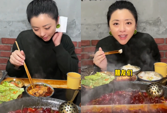 女星黄小蕾火锅店炒底料,锅子比人大一圈,手持铁锹搅拌十分卖力