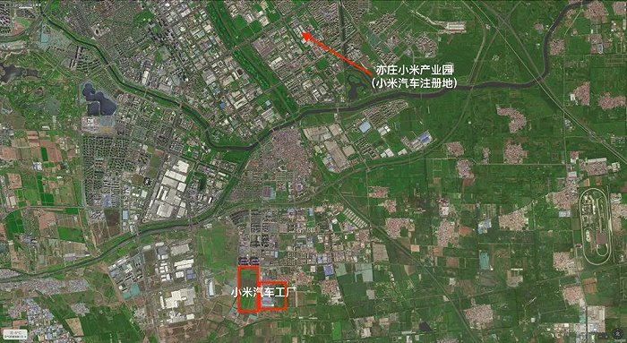 ▲小米汽车工厂与小米汽车注册地相对位置
