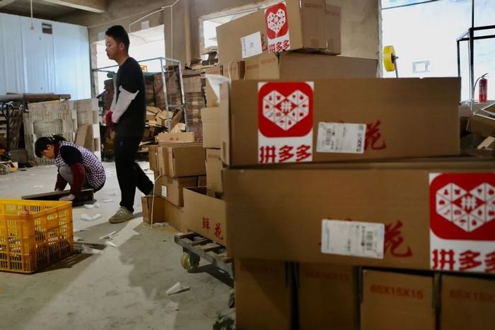 ▲拼多多店铺仔细包装鲜花，天冷时，他们还会仔细为鲜花包上“保暖衣”，让云南鲜花以最好的状态将春天带给全国消费。