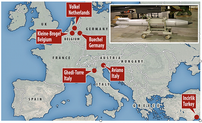 美国在欧洲部署核弹的国家包括德国、比利时、荷兰、意大利和土耳其。图源：daily mail