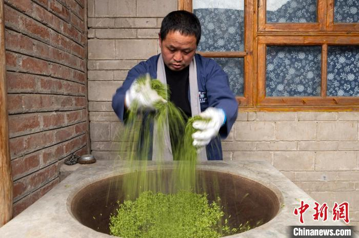 茶农李时贵正在对鲜茶进行炒热“杀青”制作碧螺春茶。　刘忠俊 摄