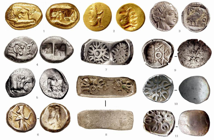 图一 吕底亚、古波斯及其东方行省犍陀罗和大夏出土金银货币