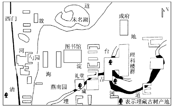 北京大学校园内埋藏古河道及古树位置图