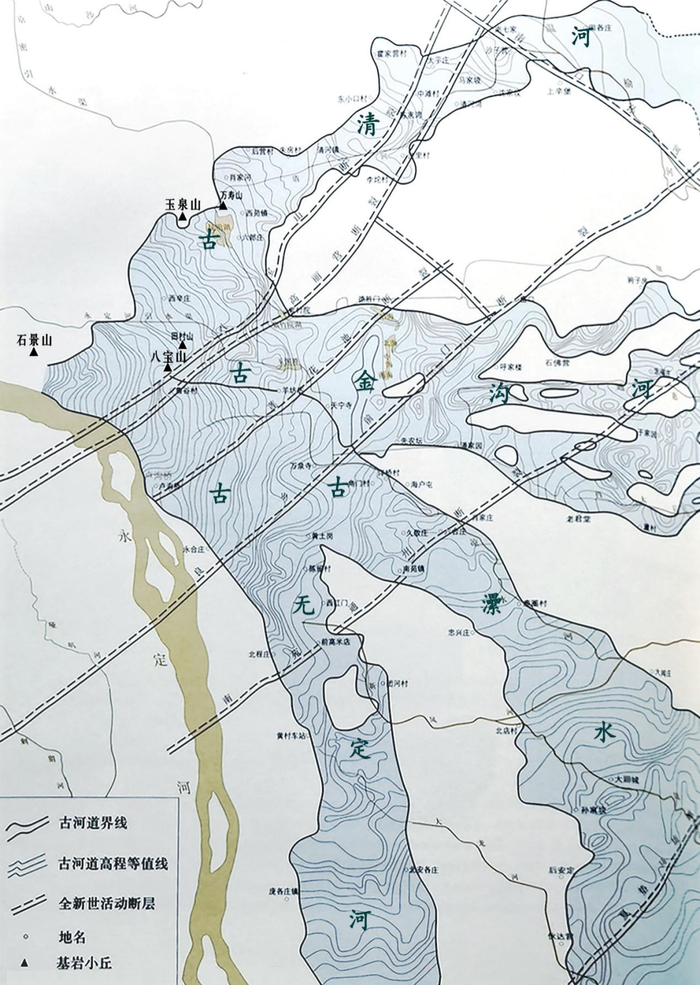 永定河冲积扇上的古河道（图片来源：《北京历史地图集·文化生态卷》略有改绘）