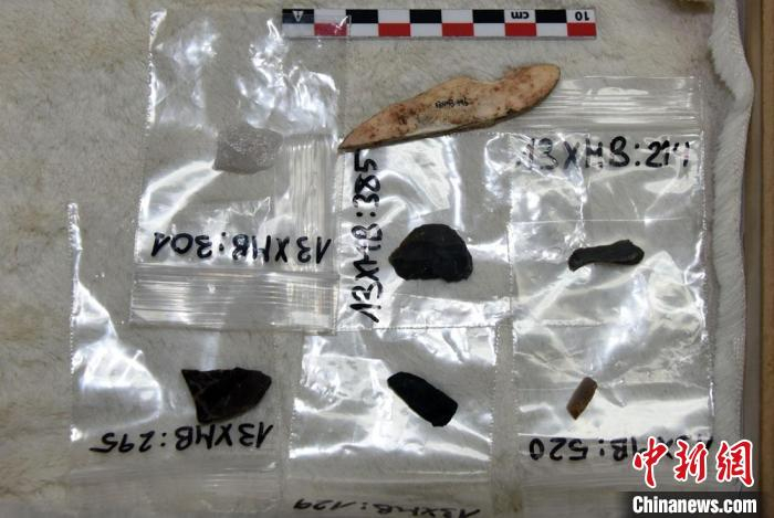 本次研究的赤铁矿加工遗存标本。　中新社记者 孙自法 摄