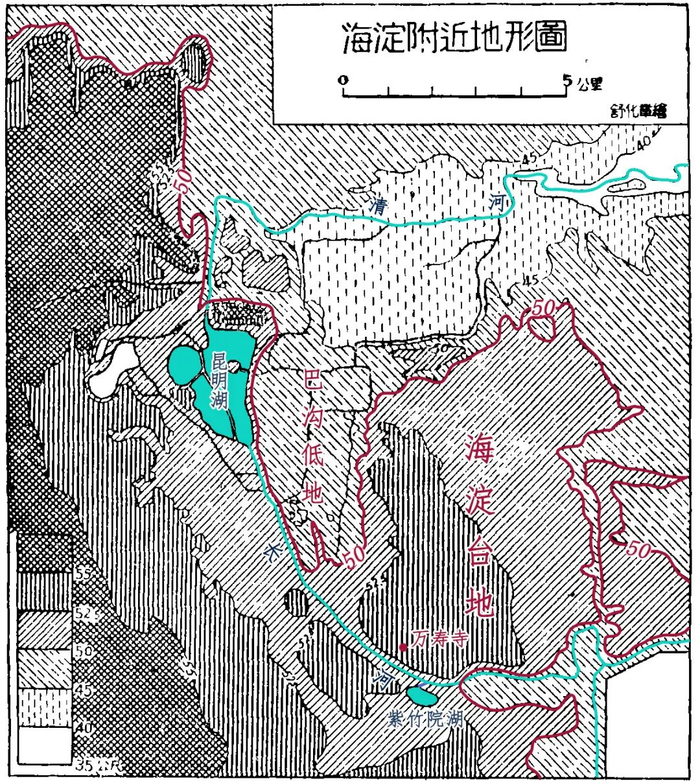海淀附近地形图（图片来源：侯仁之《北京海淀附近的地形水道舆聚落》文中插图）