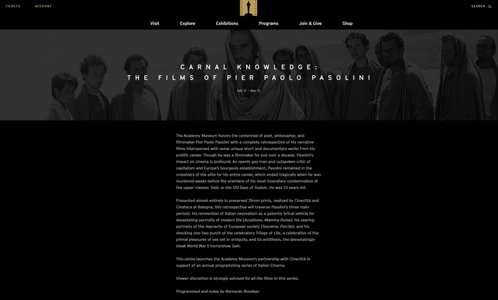 奥斯卡电影博物馆举办的帕索里尼回顾展包含刚刚修复完成的短片及纪录片