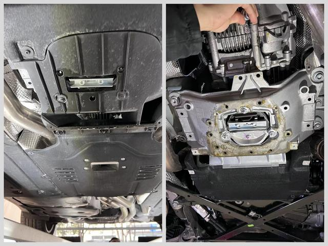 左为3月8日普陀4S店装好挡板，右为3月9日中午浦东4S店拆开档板后的车底照片。 消费者 供图