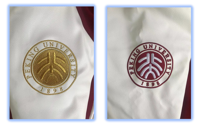 侵权棒球服（左图金色）和正版棒球服（右图北大红色）对比