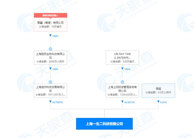 上海一生二科技有限公司的股权结构图。图片来源 天眼查
