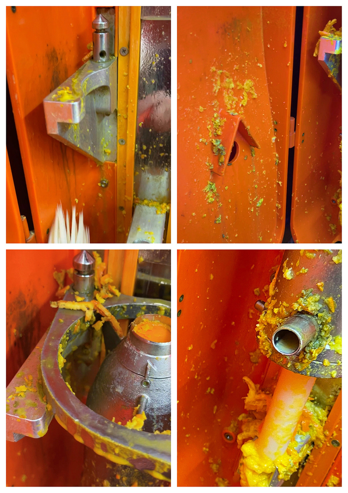 记者在核心榨汁舱内发现大量发绿发黑的汁液渣滓。