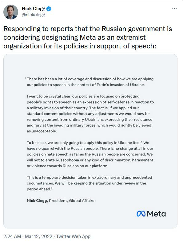 尼克·克莱格推特截图 