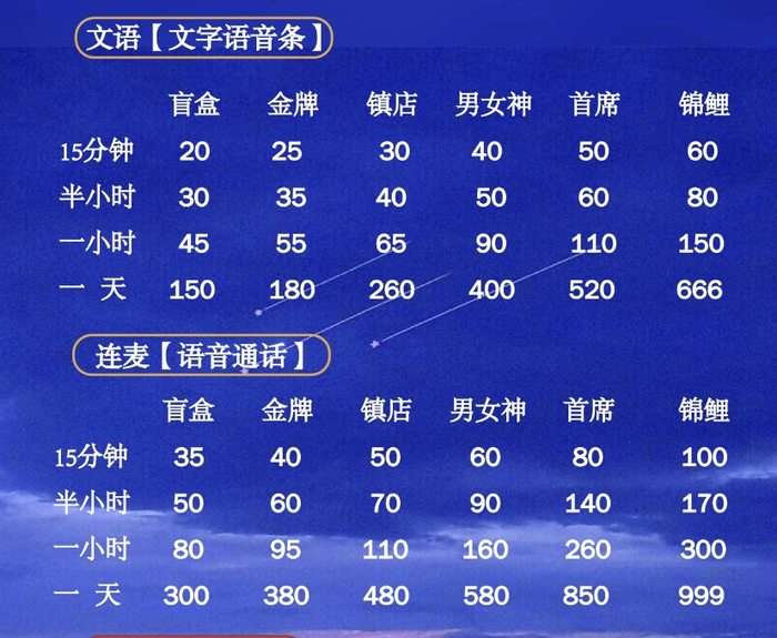 　网络上一家陪聊店铺的报价单