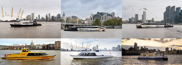 2022年采用的6种船型，天空、星星、风暴为小型快艇（Hydrocat“水猫”）；“河流跑手”为最主要的船型，包括极光、旋风、飓风、流星、季风、月亮、太阳、龙卷风、台风；与“跑手”相仿的“狩形”有银河、木星、水星、海王星、金星。其他船型有彗星、猎户座和双星。船舶爱好者对它们的形制如数家珍。图片来源：河流巴士官网