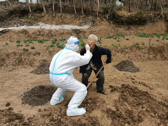 刘佳在田间地头为张富业老人采集核算样本。任正东摄