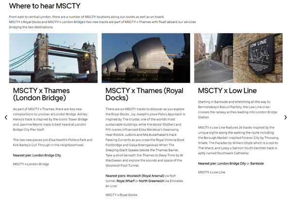 与景点和著名播音员及声优合作的船上导览服务。下面标明可以得到服务的码头。图片来源：河流巴士官网