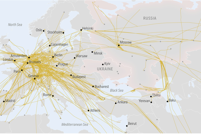 　3月4日，俄罗斯上空航线稀疏 来源：华尔街日报