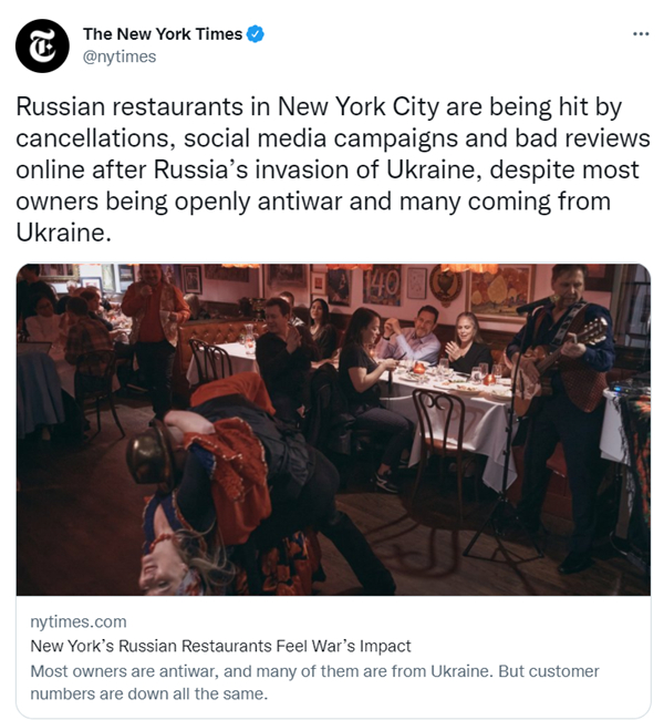 《纽约时报》报道称在纽约的俄罗斯餐厅受到影响 图片来源：推特截图