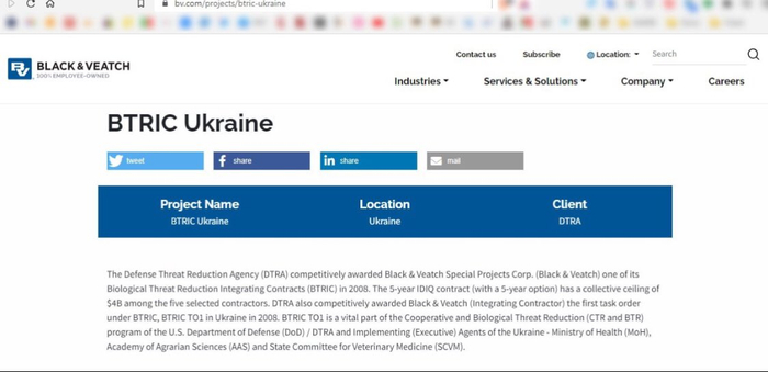 在Black & Veatch自己的网站上，就清楚地写着它与DTRA的关系，图片来源：推特