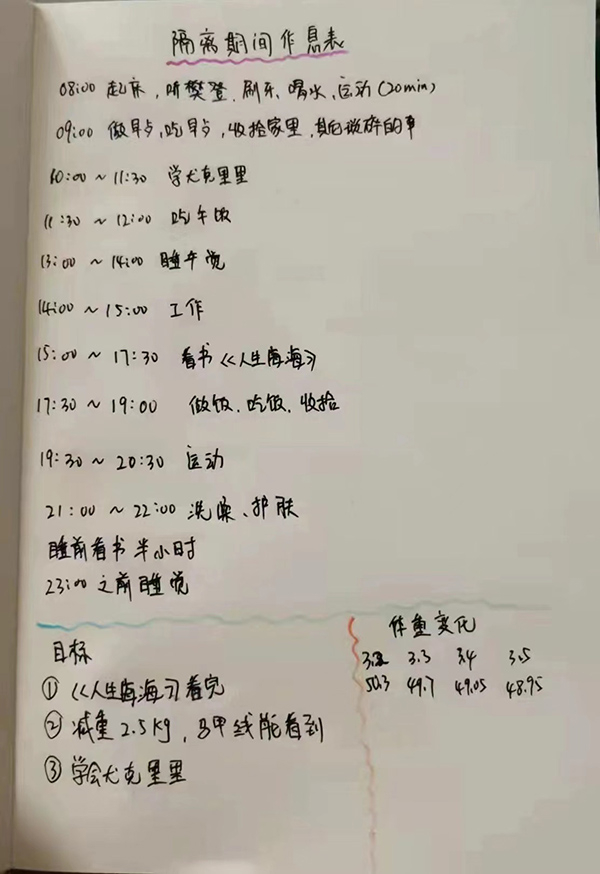 居家隔离期间，卢女士为自己制定的作息表。&nbsp; 本文图均为 受访者 供图