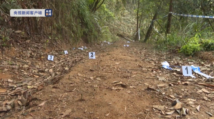 在广西梧州市藤县埌南镇莫埌村的山头，工作人员对飞机残骸进行标注。图据央视新闻