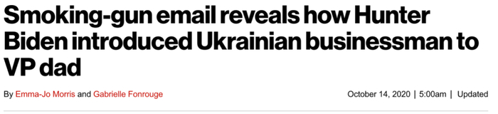 《纽约邮报》2020年10月14日报道标题截图。