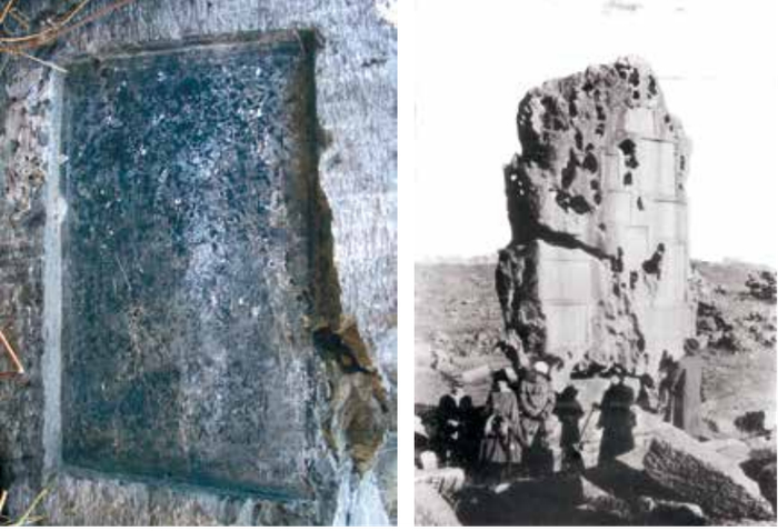 左图为“玲峰”石上的乾隆御笔，右图为被炸毁前的文源阁“玲峰”石旧照。