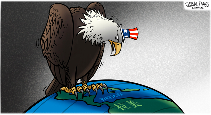 ▲ 美国标榜通过门罗主义保护拉美国家免受欧洲殖民主义侵害，实际上却隐蔽地建立起对这些国家的控制。 （漫画｜刘蕊）