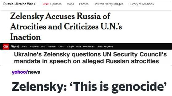 　　从上至下分别为《纽约时报》、CNN、雅虎新闻对布恰事件的报道标题。图片来源：外媒报道页面截图。