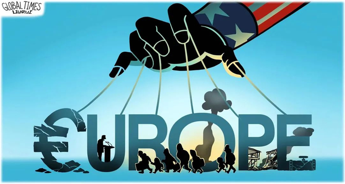 ▲&nbsp;欧洲在美国眼中，不过是其为维护自身霸权及利益而可操纵的“提线木偶”。（漫画 ｜ 刘蕊）