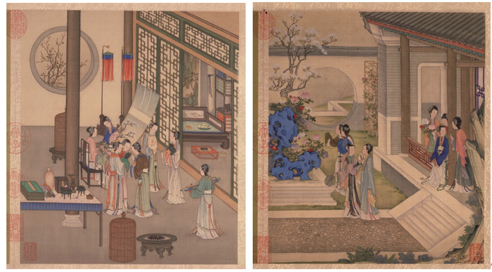 图11 陈枚 两幅册页均出自《月曼清游》 1738年 十二开册页 绢本设色 37厘米×31.8厘米 故宫博物院