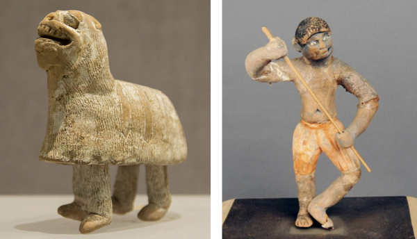 图7：唐朝彩泥塑狮舞俑和昆仑奴俑，吐鲁番阿斯塔纳墓地出土，新疆维吾尔自治区博物馆藏