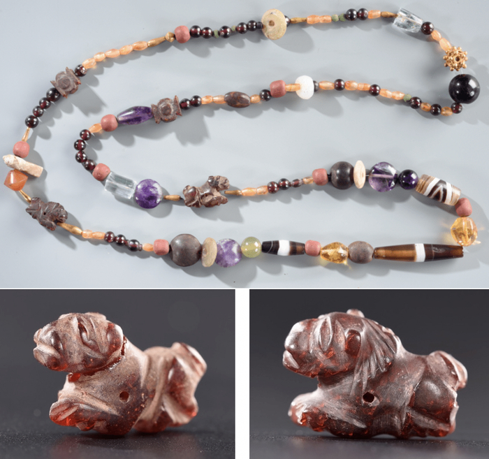 图1：西汉串珠饰（上）及其中的雌雄琥珀狮形饰（广州恒福路银行疗养院M21西汉中期墓出土）