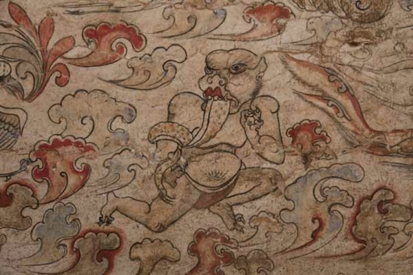 墓道东壁第一层壁画局部：“疆良”（一种食蛇的怪兽）