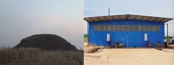 （左）忻州九原岗北齐墓葬壁画发掘前的墓葬原貌；（右）发掘过程中搭建的保护棚