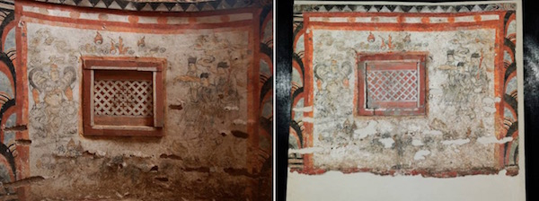 山西繁峙县南关村宋金墓葬壁画保护修复前（左），修复后（右）