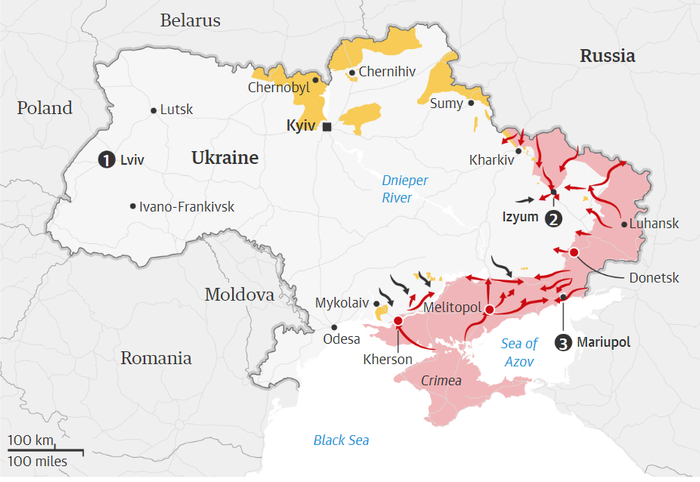 红色为俄占区，黑色及红色箭头分别为乌军和俄军进攻方向，图自《卫报》