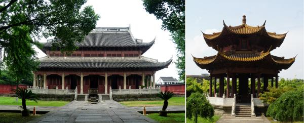 海神庙正殿（左）及御碑亭（右）（陶金摄）