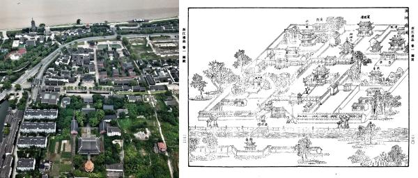 左：面向钱塘江海塘的海宁海神庙（陶金摄）/右：海神庙图（《浙江通志》卷一）