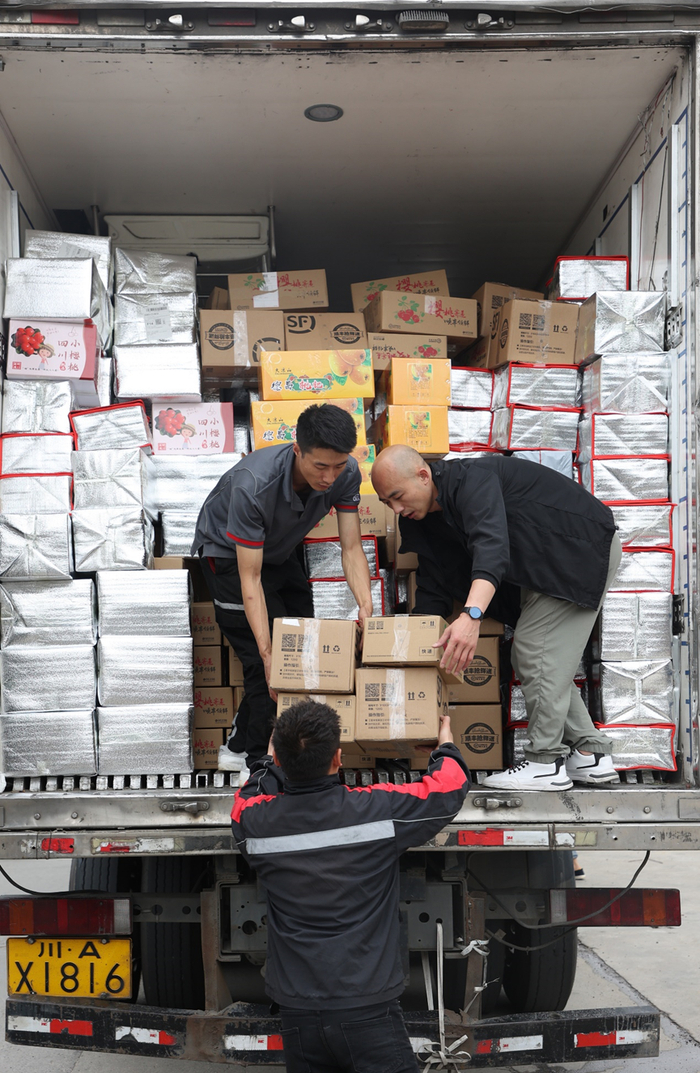 🔹赖建峰拼多多店铺的水果都通过顺丰冷链从产地发货，一天要装3-4车。吴小川 摄