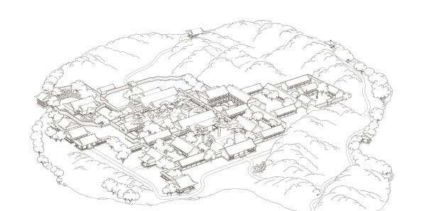 嘉庆时期避暑山庄如意洲复原图，最右侧之三合院即法林寺（张炜绘制）