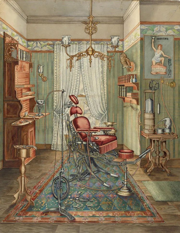 一幅描绘20世纪中叶牙医手术室的绘画。/视觉中国