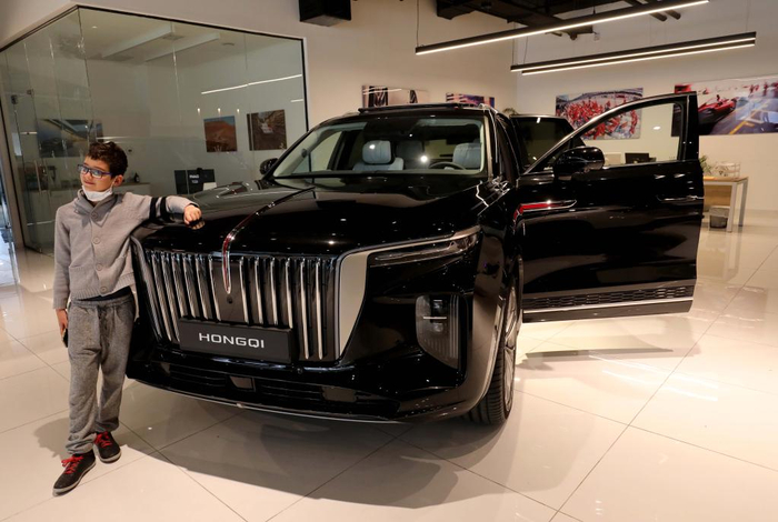 4月14日，一名男孩在以色列特拉维夫与红旗E-HS9车型合影。新华社发