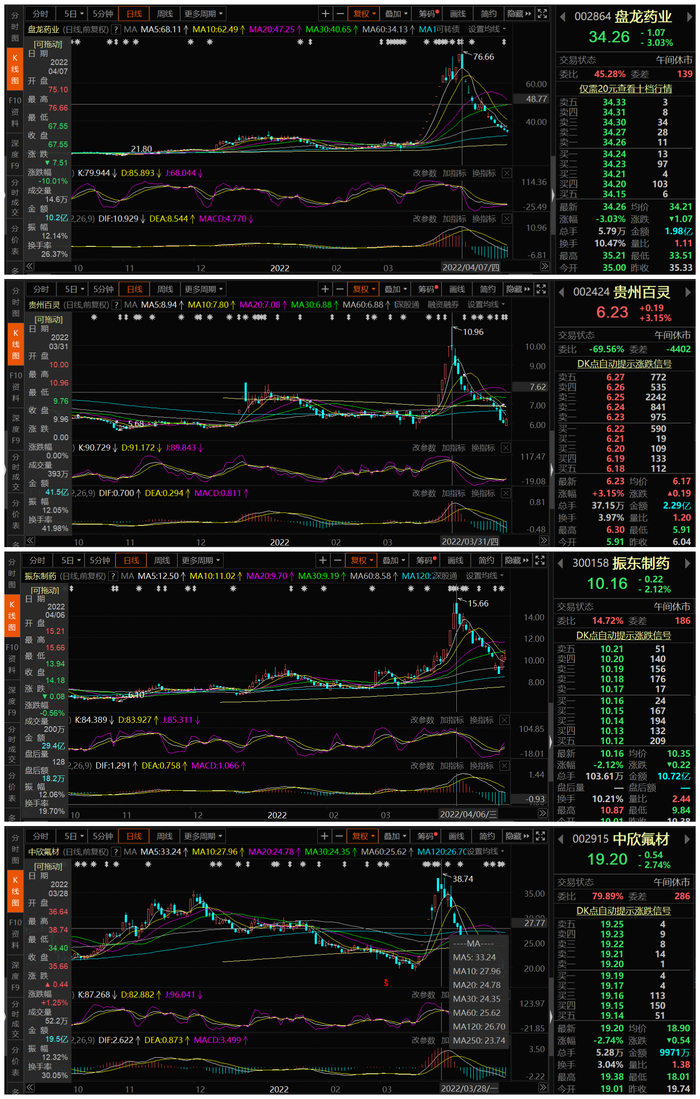 杨自芳近期持仓的四支热门股股价走势。制图：陈慧东
