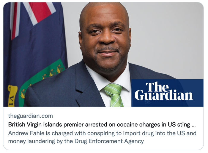 ▲英属维尔京群岛总理在美被捕。图/《卫报》报道截图