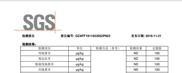 齐眉发给姜女士的《检测报告》显示，送检样品中不含西地那非成分。