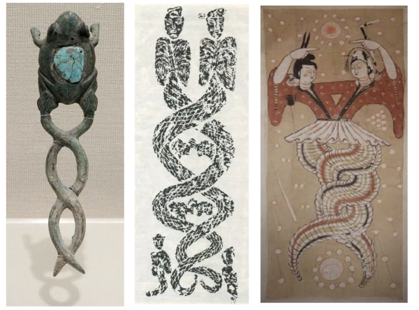 图4：蛇衔蛙和伏羲女娲交尾造型