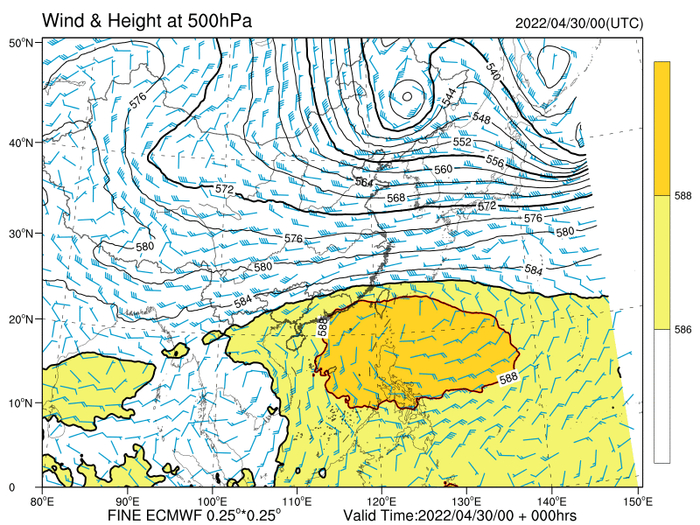 ▲4月1、15、30日副高位置示意图（深黄色部分为副高所在区域）
