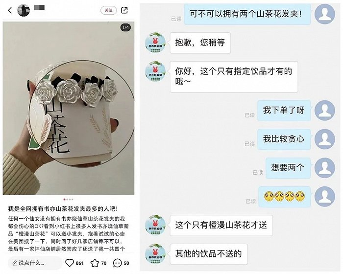 书亦烧仙草新品送“山茶花发夹”，图片来源：小红书@晨星