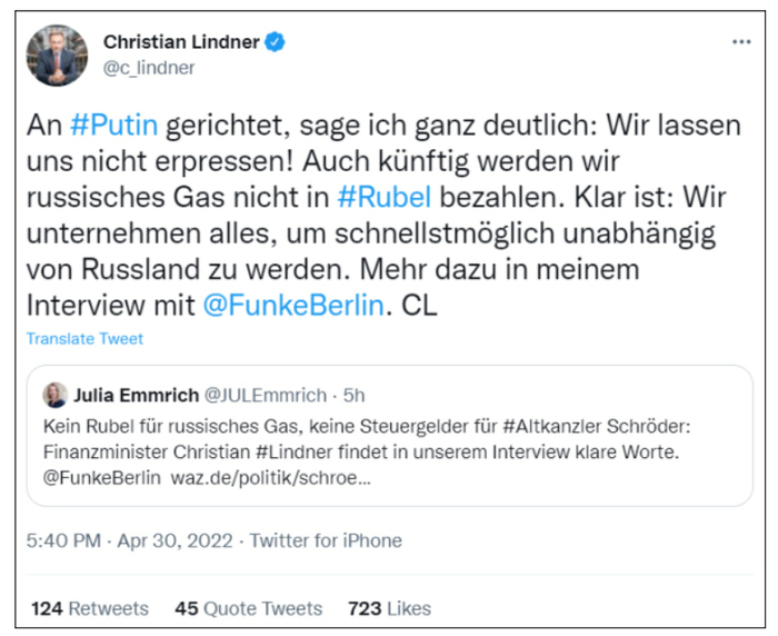 林德纳表示，“德国不会被勒索”。来源：推特截图